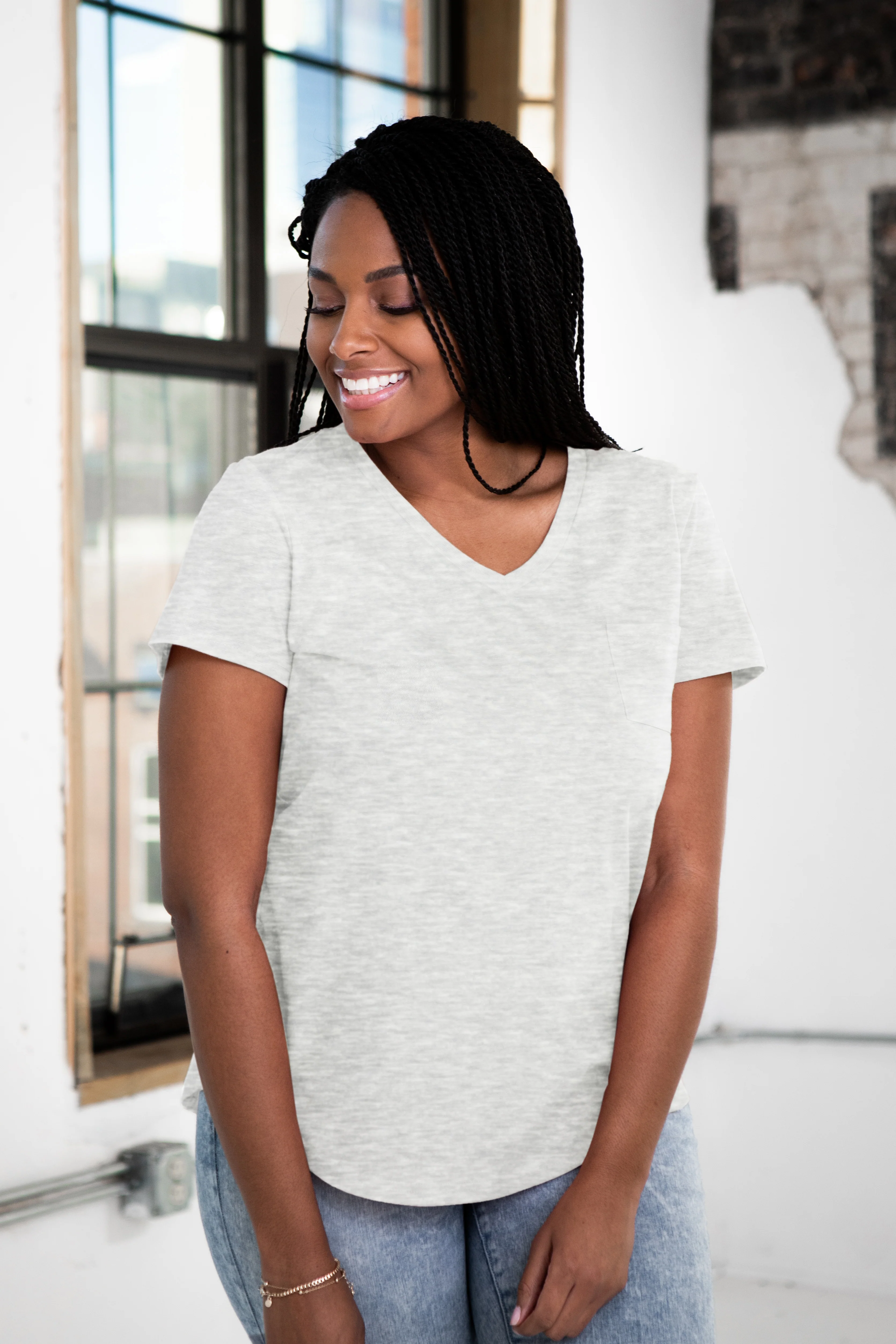 Ladies Eco-Triblend Drop Hem V-Neck Pocket Tee - Image 18