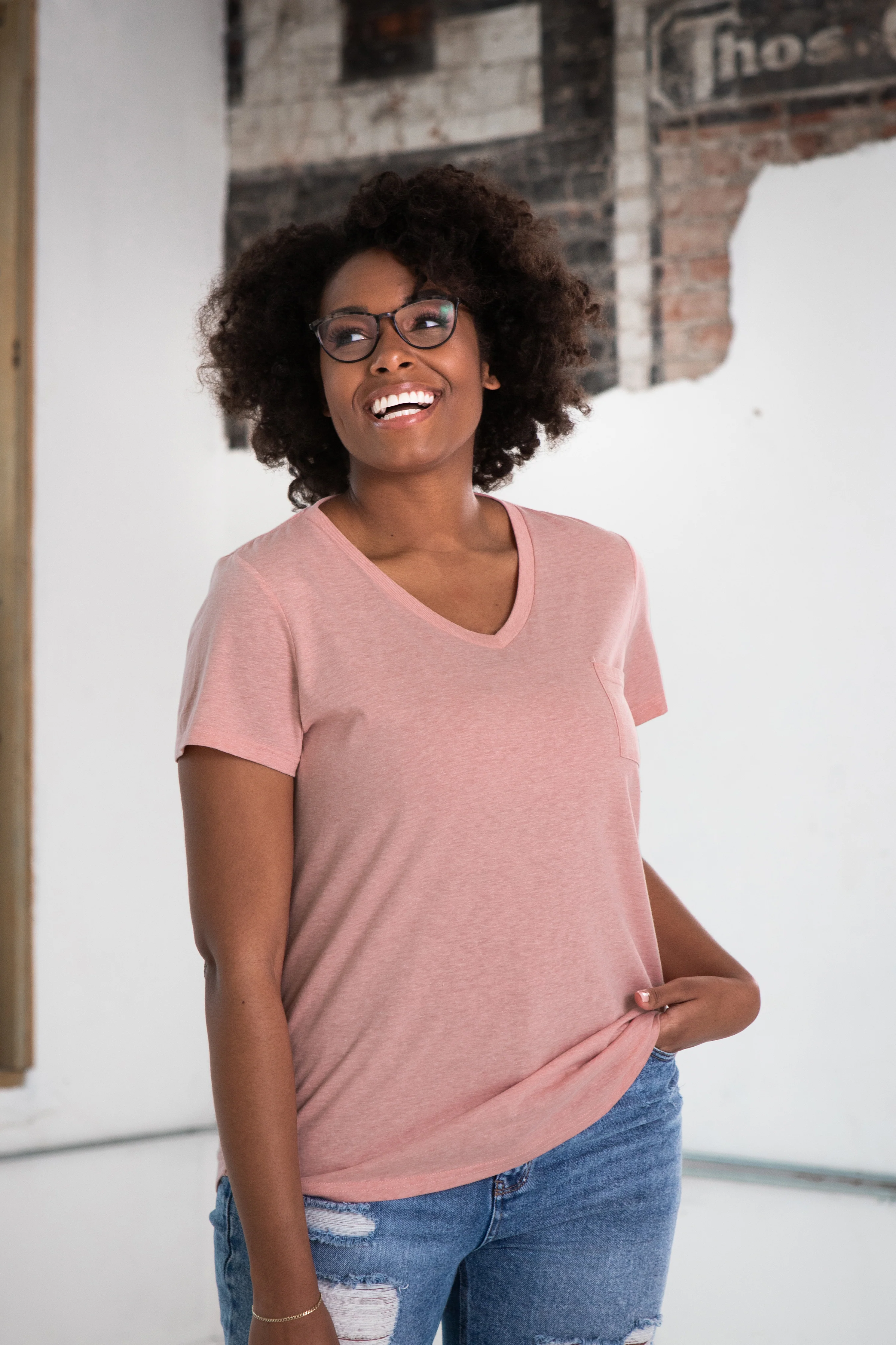 Ladies Eco-Triblend Drop Hem V-Neck Pocket Tee - Image 3
