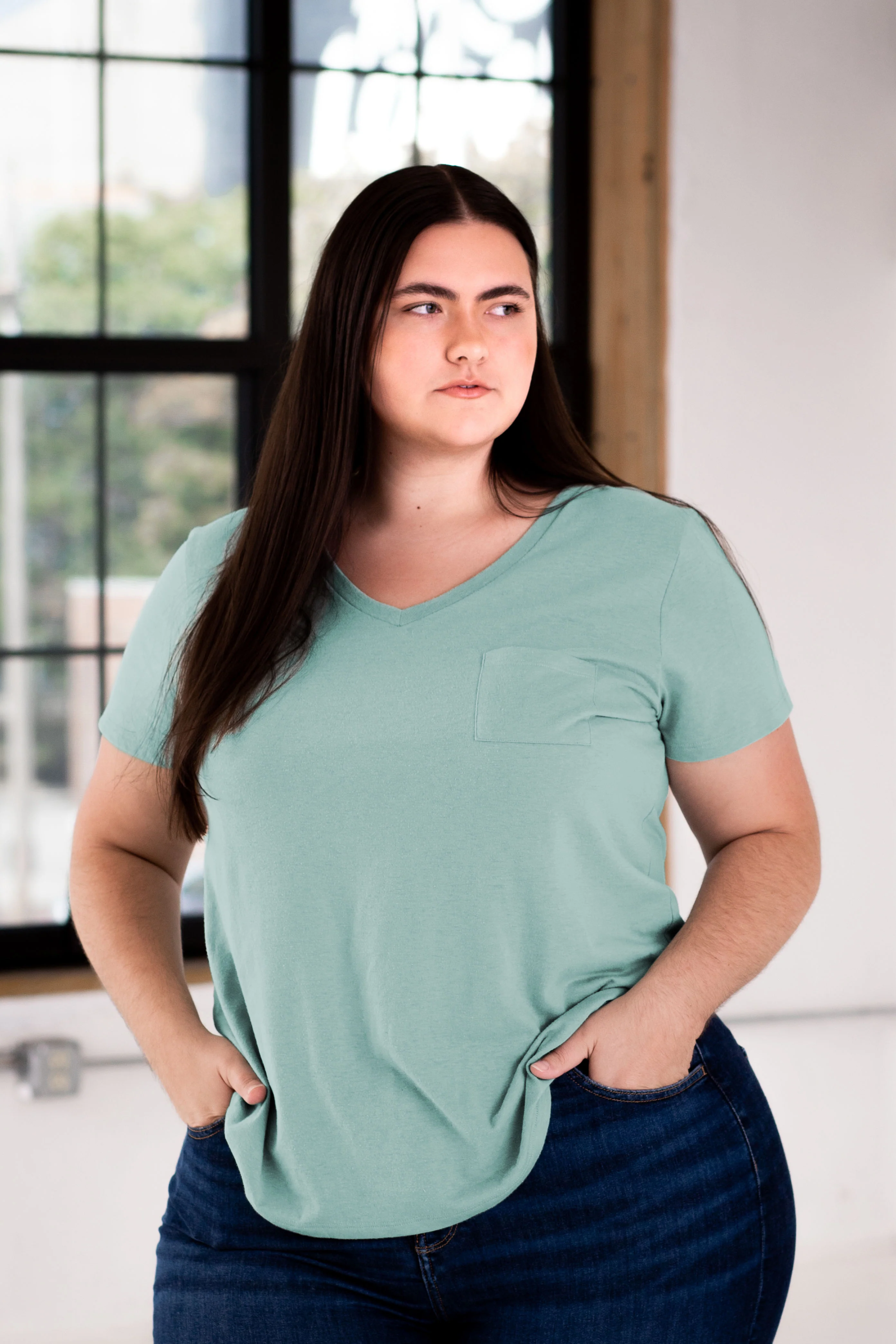 Ladies Eco-Triblend Drop Hem V-Neck Pocket Tee - Image 5